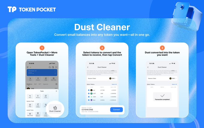 A promotional graphic for 'TP Token Pocket' featuring a 'Dust Cleaner' feature, illustrating a three-step process to convert small token balances into BNB using mobile screenshots.