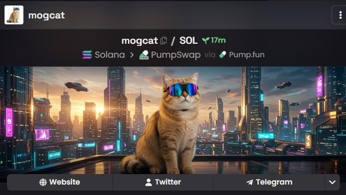 A cryptocurrency token page interface for 'mogcat' on the Solana network, displaying ticker 'mogcat / SOL', a 17m price change, links to PumpSwap and Pump.fun, and a vibrant AI-generated image of a tabby cat wearing sunglasses overlooking a neon cyberpunk cityscape.