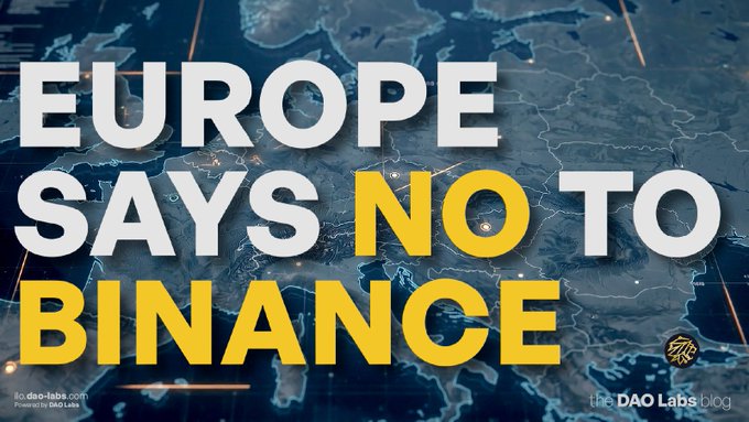Bold graphic with dark map background declaring 'EUROPE SAYS NO TO BINANCE' in large white and yellow text, credited to dao-labs.com and the DAO Labs blog.
