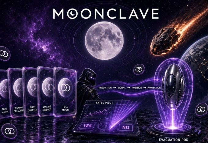 'MOONCLAVE' themed graphic featuring a full moon, galaxy, meteor, hooded figure (Fates Pilot), tarot-style moon phase cards (New Moon, Waxing Crescent, First Quarter, Waxing Gibbous, Full Moon), and purple futuristic 'Evacuation Pod' with a YES/NO prediction interface.