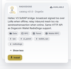 A webpage screenshot shows a 'RADIODOGE' app in an app store catalog, described as V3 SoFar bridge for broadcasting signed txs over LoRa when offline, with tags including 'rpc' and 'wallet_rpc' and an 'Install' button.