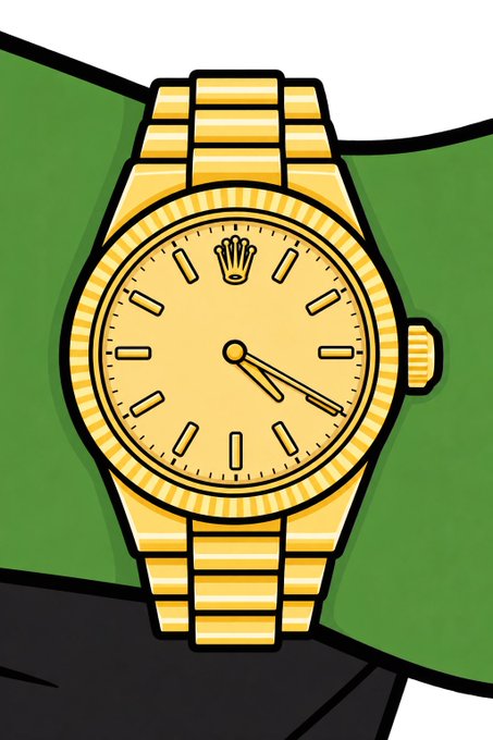 An illustration of a gold wristwatch with a Rolex-style crown logo on the dial, worn on a green sleeve.
