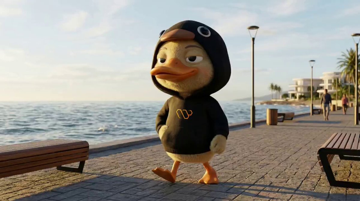 The image features a cartoon duck walking along a boardwalk near the ocean. The duck is wearing a black hoodie with an orange logo on its chest. In the background, there are palm trees and benches, creating a beach-like atmosphere. A caption below the image reads "Focus on what is in the image and how it relates to the post".