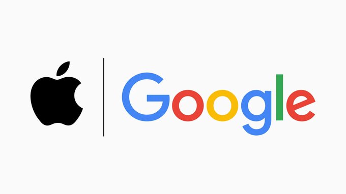 The Apple and Google logos are displayed side by side, separated by a vertical line, on a white background.