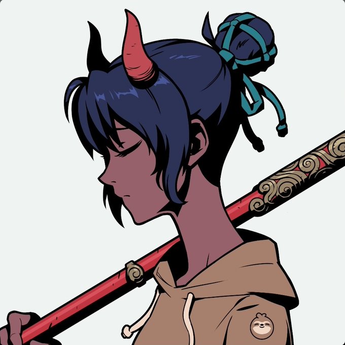 The image shows an anime-style character with dark skin, red horns, blue hair tied in a topknot, and a brown hoodie, carrying a red ornate sword. The character's demonic features and rebellious aesthetic mirror the "Lil Devil" nickname mentioned in the post, which appears to reference the NFT collection Azuki and its strong growth since purchase.
