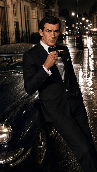 A man in a classic black tuxedo with a white shirt and bow tie stands beside a dark car on a rainy city street at night, holding a small espresso cup with an intense expression.