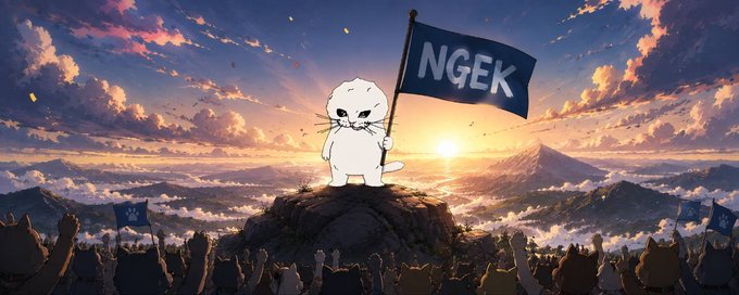 A digital illustration shows a white cartoon cat standing atop a mountain holding a flag that reads "NGEK" at sunset, with a crowd of silhouetted fans cheering below.
