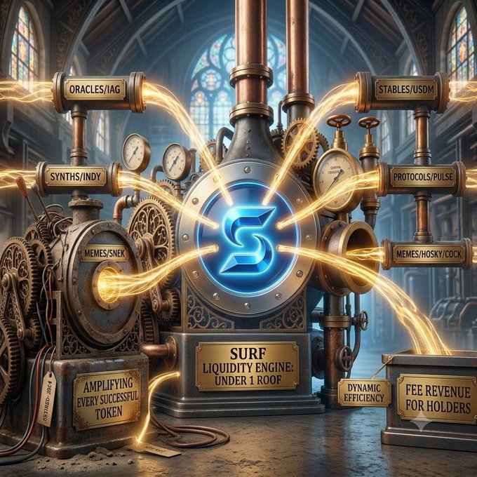 A steampunk-style illustration of a complex 'SURF LIQUIDITY ENGINE: UNDER 1 ROOF' machine with copper pipes, gears, and glowing energy streams connecting to various labeled components like 'ORACLES/IAG', 'STABLES/USDM', 'SYNTHS/INDY', 'PROTOCOLS/PULSE', and 'MEMES/SNEK'.