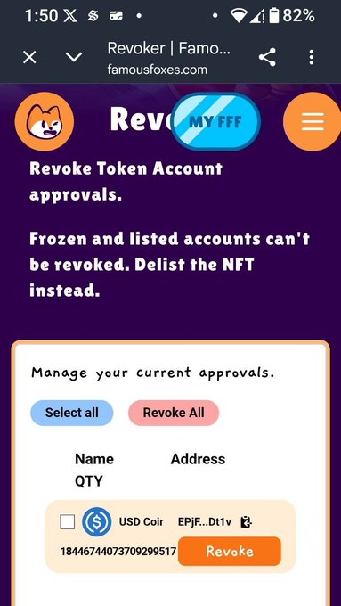 A screenshot of the "Revoke Token Account approvals" page on famousfoxes.com showing a USDC token approval from the address EPjf...Dt1v with quantity 18446744073709299517, alongside buttons to "Select all" or "Revoke All."

The image illustrates the post's warning about a leftover USDC token approval from a Solana quest—specifically the unusually large quantity (18446744073709299517) shown here is the "huge USDC approval" the author flagged, which can be revoked through this tool.