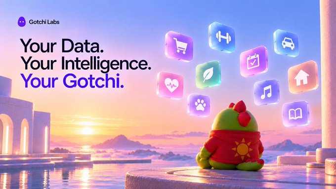 A Gotchi Labs promotional banner reading "Your Data. Your Intelligence. Your Gotchi." featuring a green creature character with a red crest wearing a sun-patterned garment, alongside floating app icons and a sunset landscape background.