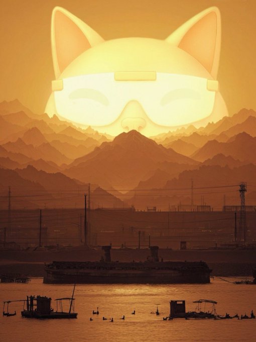 A sunset scene over a harbor with ships and boats in the foreground and mountain silhouettes, overlaid with a large glowing cat face wearing goggles.