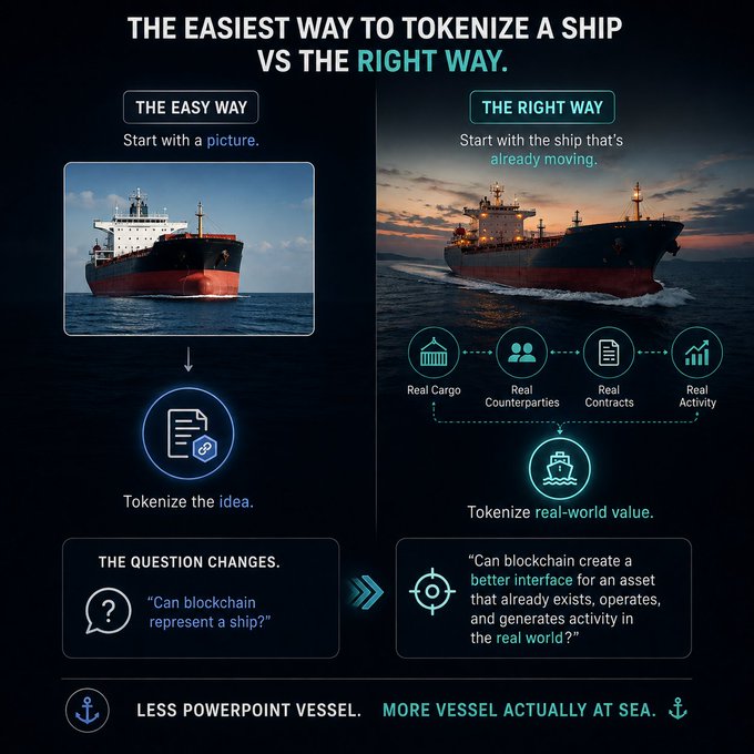 An infographic titled "THE EASIEST WAY TO TOKENIZE A SHIP VS THE RIGHT WAY," comparing tokenizing a picture versus tokenizing real-world ship activity, with the tagline "LESS POWERPOINT VESSEL. MORE VESSEL ACTUALLY AT SEA."