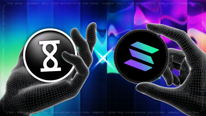 The image shows two hands holding a coin each, one of which has a "S" symbol on it. The text above the image reads "Distribution remains one of crypto’s biggest challenges. We are simplifying how users move assets across chains into @Solana with our WhatsApp-native trade engine, making cross-chain execution simpler and more accessible".