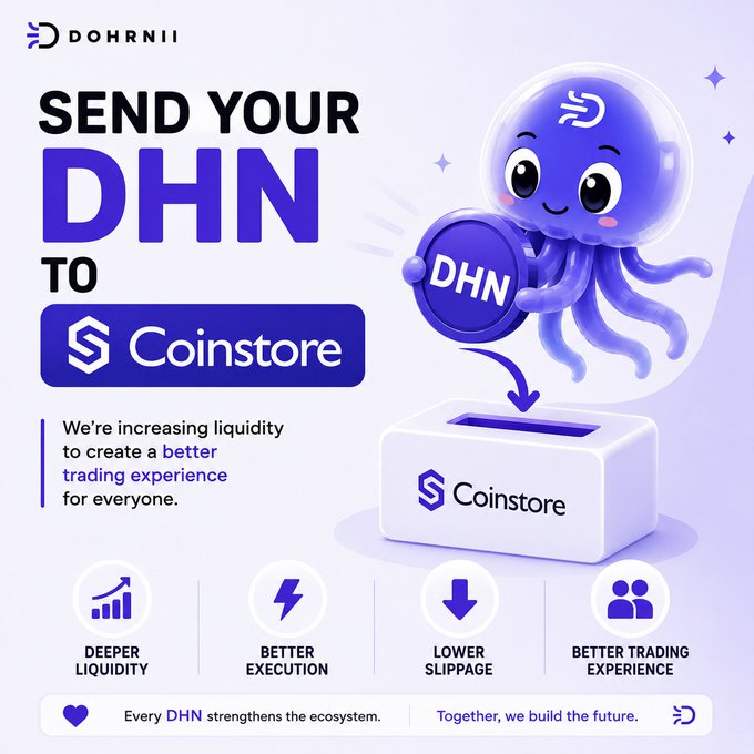 A promotional graphic for Dohrnii cryptocurrency stating 'SEND YOUR DHN TO Coinstore', featuring a cute blue octopus mascot holding a DHN coin above a Coinstore box, highlighting deeper liquidity and better execution.