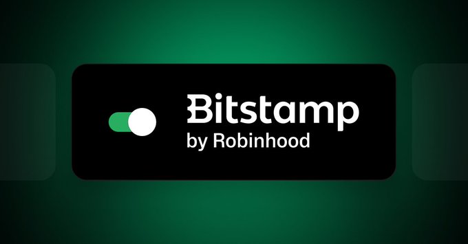 The image displays a black banner with the "Bitstamp by Robinhood" logo, featuring a green toggle switch icon, set against a dark green background. This visual reinforces the post's announcement by highlighting the Bitstamp by Robinhood brand as Trever's newly integrated institutional spot market connection.