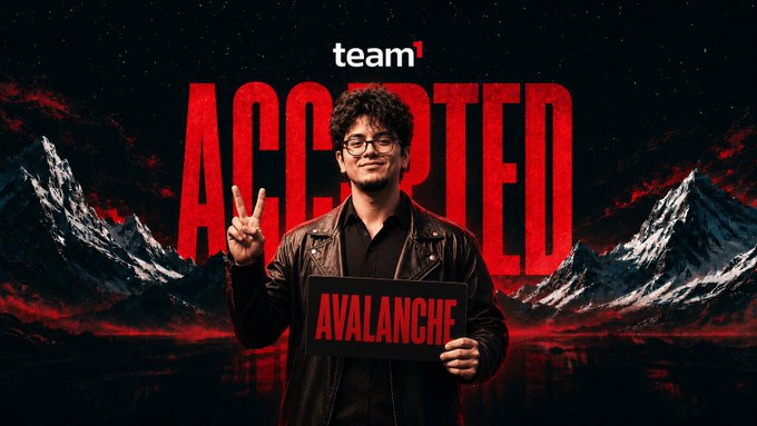 A promotional image featuring a young man in a leather jacket holding a sign that reads 'AVALANCHE' in front of the word 'ACCEPTED' and 'team¹', set against a dramatic dark red mountain landscape.