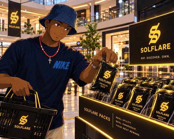 An illustrated scene of a man wearing a Nike shirt and bucket hat holding a 'SOLFLARE' branded bag, with a display of 'SOLFLARE PREMIUM PACK' products in a mall setting.