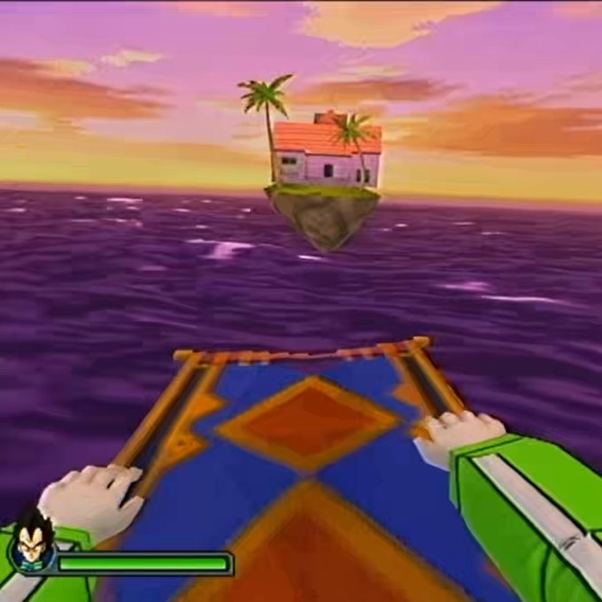 A video game screenshot showing first-person hands holding a magic carpet flying over purple water toward a small island with a house and palm trees at sunset.