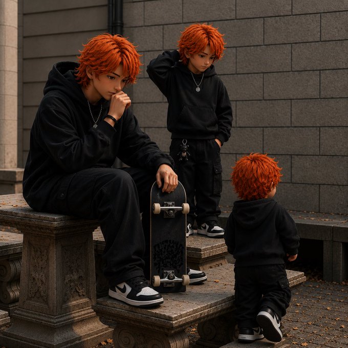Three figures with matching orange hair and black hoodies gather around a skateboard on stone steps against a brick wall.