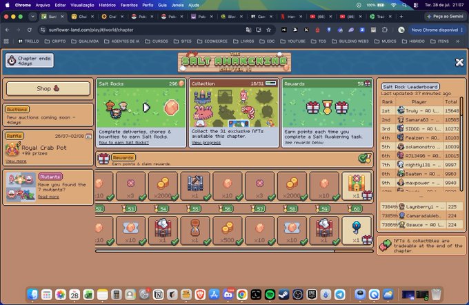 A screenshot of a website displaying the 'SALT AWAKENING' chapter from 'sunflower-land.com', featuring a 'Salt Rods' task to complete 5 bounties and a 'Collection' task to collect 31 NFTs.