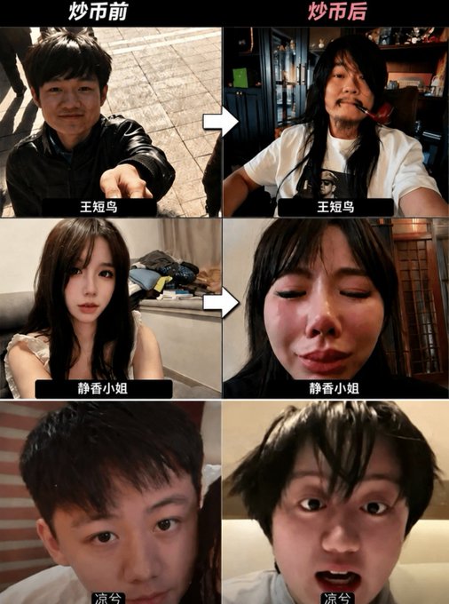 The meme "炒币前/炒币后" (Before Trading Crypto/After Trading Crypto) shows three pairs of people whose appearances drastically deteriorated from polished, attractive looks to disheveled, exhausted states after allegedly trading cryptocurrency, featuring labeled individuals 王短鸟, 静香小姐, and 流兮.