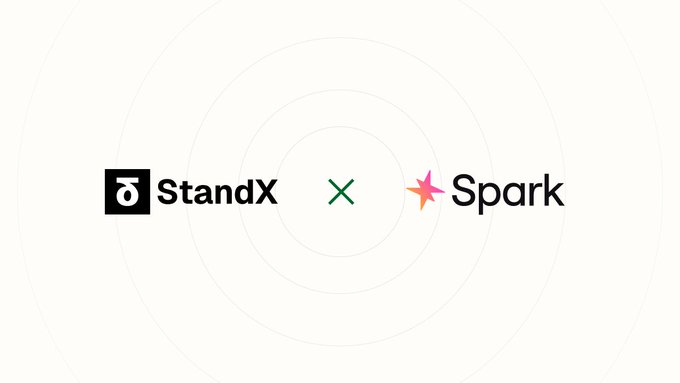 The image features the logos of "StandX" and "Spark" flanking a green "X" symbol on a light background, representing their partnership to explore Ethereum expansion with composable DeFi infrastructure and native perpetuals.