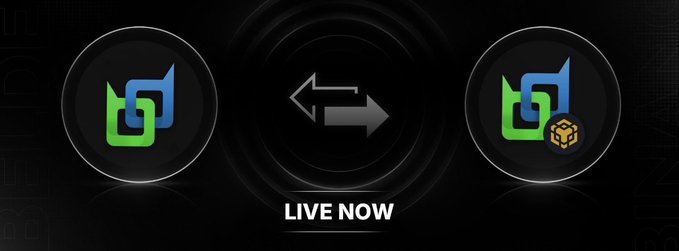 A graphic showing a swap interface between two cryptocurrency tokens with a double-arrow icon in the middle and 'LIVE NOW' text below.