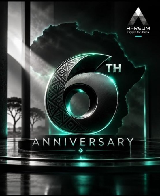 A 6th anniversary promotional graphic for AFREUM Crypto for Africa, featuring a large metallic number 6 with tribal patterns, set against a dark background with green lighting and an Africa map silhouette.