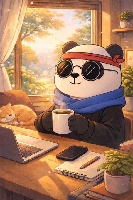 An illustrated scene of a panda wearing sunglasses, a red headband, and a blue scarf, sitting at a wooden table holding a mug of coffee, with a sleeping orange cat, laptop, and notebook nearby.