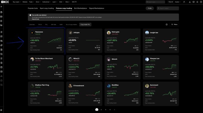 A screenshot of the OKX exchange "Spot copy trading" leaderboard showing various popular traders like Yamomom (+35.89%) and Kabukrypto (+187.96%), with a blue arrow pointing to Yamomom's entry in the top left.