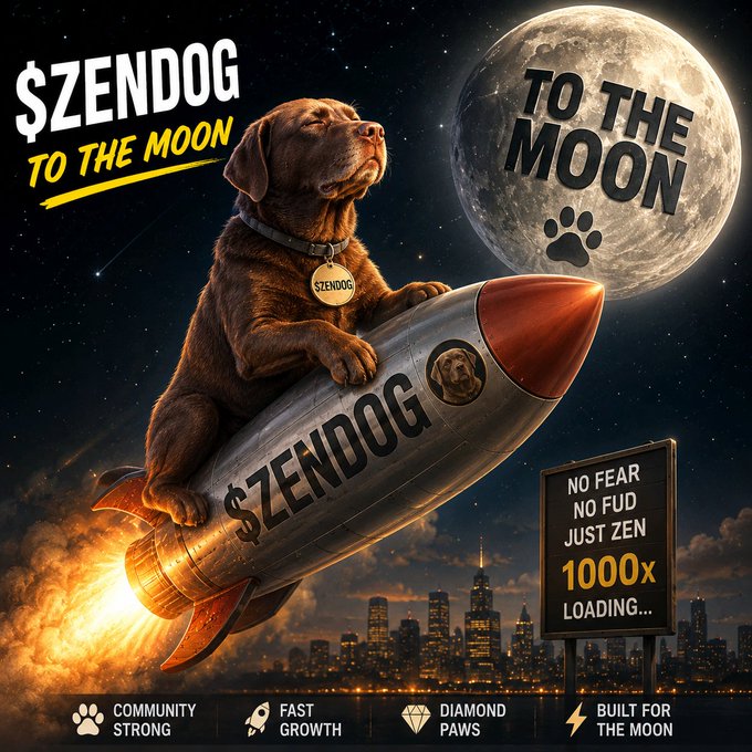A chocolate Labrador wearing a "$ZENDOG" tag rides a rocket emblazoned with "$ZENDOG" toward the moon in this meme coin promotional image, featuring the tagline "$ZENDOG TO THE MOON" alongside a billboard reading "NO FEAR NO FUD JUST ZEN 1000x LOADING..." and traits like "COMMUNITY STRONG," "FAST GROWTH," "DIAMOND PAWS," and "BUILT FOR THE MOON"—visually capturing the post's rallying cry to launch and chase the moon.