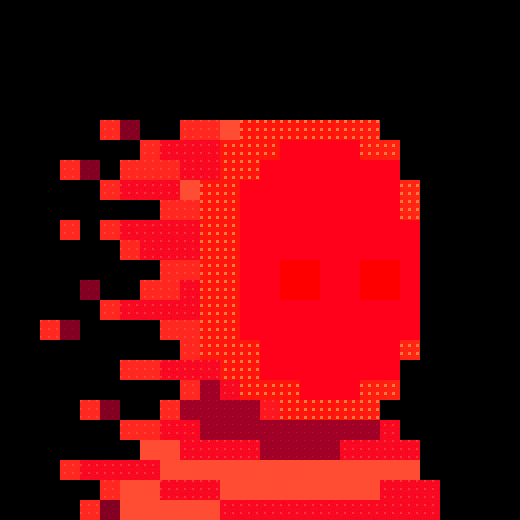 A pixel art rendering in red and orange tones depicts a blocky, abstract figure resembling a person composed of square segments.