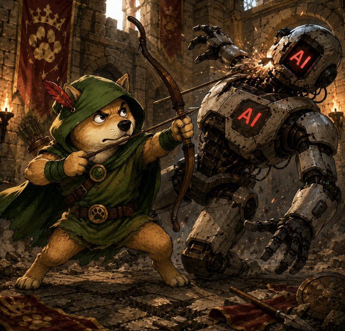 An anthropomorphic Shiba Inu archer dressed in green Robin Hood attire fires an arrow at a towering metal robot labeled "AI" on its head and chest, set within the stone ruins of a medieval castle. The image vividly brings the post to life, depicting $MUTTZ as a scrappy underdog archer taking aim at the looming threat of artificial intelligence.
