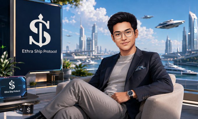 A digital illustration of a young man in a suit sitting in a modern chair, with an 'Ethra Ship Protocol' logo displayed on a screen beside him and a futuristic cityscape in the background.