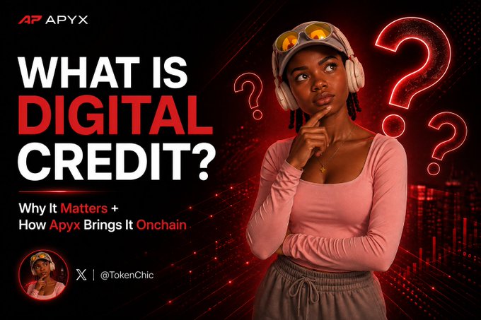 A promotional graphic titled "WHAT IS DIGITAL CREDIT?" with the subtitle "Why It Matters + How Apyx Brings It Onchain," featuring a woman in a pink top with goggles on her head surrounded by question marks, branding the APYX/APYX logo and crediting @TokenChic, designed to introduce the concept of tokenizing traditional credit markets onchain via Apyx.