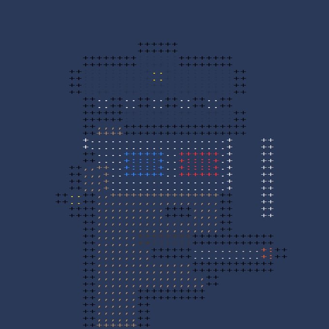 A pixel art rendering of a robot character made from colored plus signs against a dark blue background.