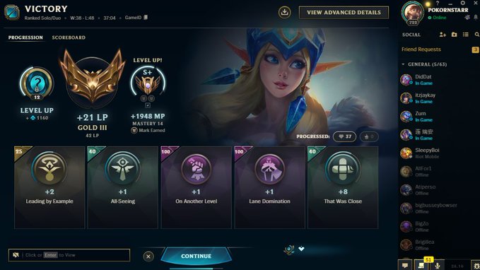 A 'VICTORY' screen from League of Legends shows a player named 'POKEONST4R' achieving Gold III rank with +21 LP, displaying progress rewards and a friend list on the right side.