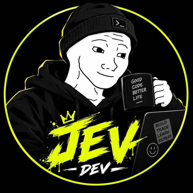 A black and yellow circular avatar featuring a cartoon character wearing a beanie and hoodie, holding a mug that says 'GOOD CODE BETTER LIFE' and sitting at a laptop displaying 'BUILD TRADE LEARN REPEAT'. The name 'JEV DEV' is written in stylized graffiti text at the bottom.