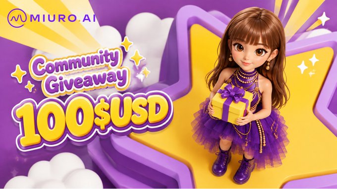 A promotional graphic for MiuroAI's community giveaway, featuring a 3D anime-style girl in a purple dress holding a yellow gift box. Bold text reads "Community Giveaway 100$USD" alongside the MiuroAI logo, designed to attract participants to the BNB Chain DappBay event with a vibrant purple and yellow color scheme.