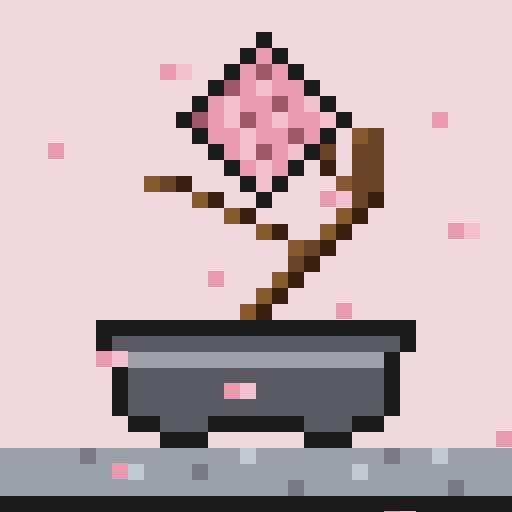 The image features a small pink flower pot with a plant inside, situated on top of a table or countertop. The pot has a black base that contrasts with the pink flowers. There are also pink flowers scattered around the pot, adding to its visual appeal. The background is white and appears to be a pinkish-pink color, which complements the pink flowers in the foreground.