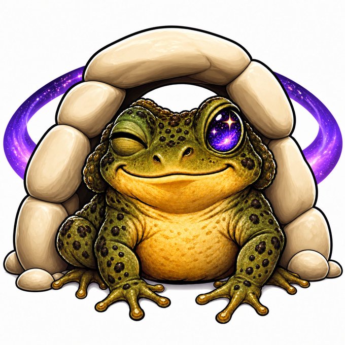 A digital illustration of a smiling green and yellow toad with one closed eye and one sparkling purple cosmic eye, sitting in front of an arch of stones with a purple starry halo behind it.