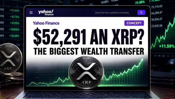 A Yahoo Finance webpage is displayed on a laptop, featuring a conceptual article titled "$52,291 AN XRP? - THE BIGGEST WEALTH TRANSFER" with an XRP coin graphic set against a rising green stock chart background. The image illustrates the rumor that Yahoo Finance may have briefly published a sensational XRP price prediction article that was quickly removed, though the claim remains unconfirmed.