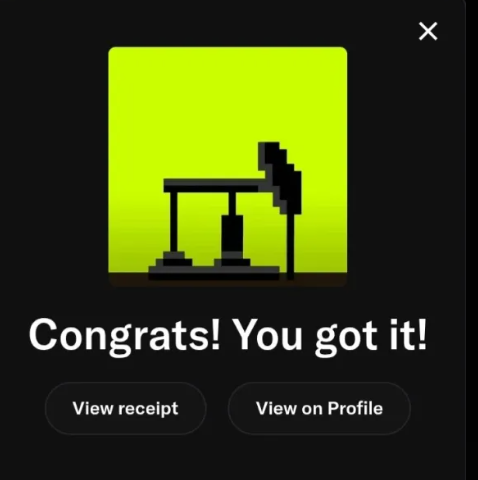 A dark app confirmation screen with a green pixel-art icon of a printing press, text reading 'Congrats! You got it!', and two buttons labeled 'View receipt' and 'View on Profile'.