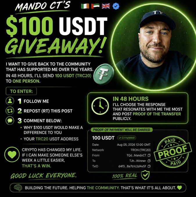 A promotional graphic for "Mando CT's $100 USDT Giveaway" featuring his photo, entry instructions (follow, repost, comment), and a fake "proof of payment" receipt dated Aug 05, 2026 showing 100 USDT sent via TRC20, designed to mimic a legitimate crypto giveaway post.