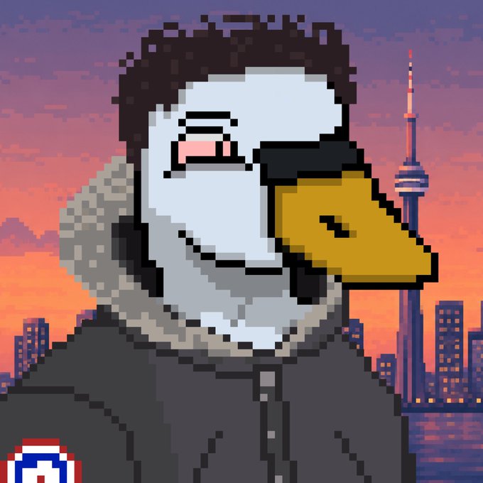 A pixel art character with a white duck-like head, dark hair, and a black puffer jacket smokes a cigarette against a sunset cityscape featuring the CN Tower.