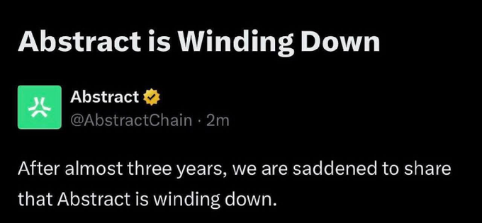 The image displays a post from @AbstractChain announcing "Abstract is Winding Down," with the text stating, "After almost three years, we are saddened to share that Abstract is winding down." This aligns with the accompanying comment expressing shock at the shutdown and concern over lost XP and farming investments, confirming the project's unexpected closure.