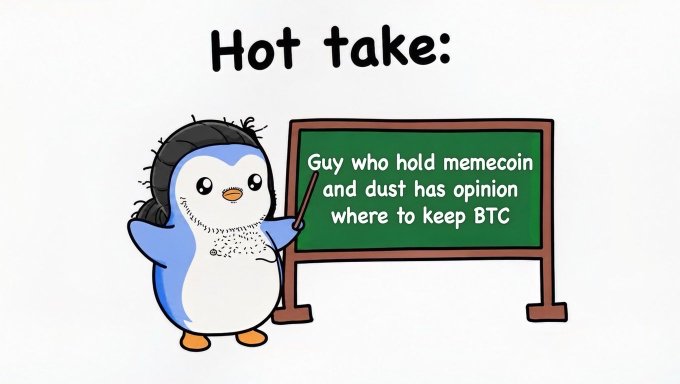 A cartoon penguin wearing a black beanie stands next to a chalkboard with the text 'Hot take: Guy who hold memecoin and dust has opinion where to keep BTC'.