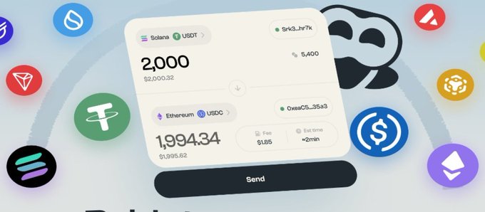 Crypto swap interface showing an exchange of 2,000 Solana (~$2,000.32) to 1.994.34 Ethereum (~$1,995.62) with a $1.85 fee and <2min estimated time, surrounded by various crypto logos.