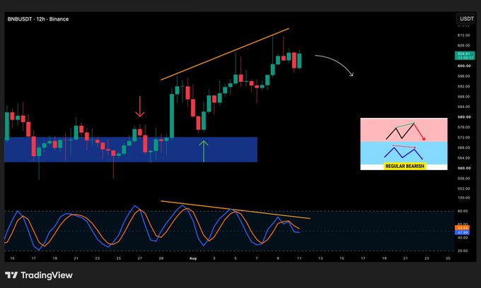 A TradingView chart for BNBUSDT on Binance with a 12-hour timeframe features technical analysis annotations, including trendlines, arrows, a highlighted blue zone, and a 'REGULAR BEARISH' divergence indicator.