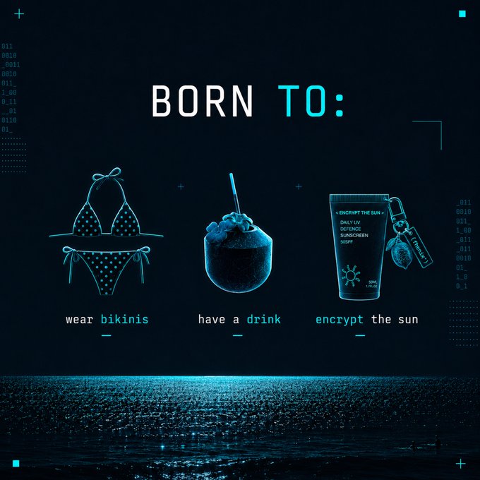 The image features a dark, cyber-styled graphic with the headline "BORN TO:" above three summer-themed icons—a bikini, a cocktail, and a sunscreen bottle labeled ">ENCRYPT THE SUN DAILY UV DEFENCE SUNSCREEN 50SPF"—each captioned "wear bikinis," "have a drink," and "encrypt the sun," respectively. The post's message about privacy being a human right aligns with the image's playful blend of summer essentials with cybersecurity themes, framing data protection as just another vital part of modern "hot girl summer."